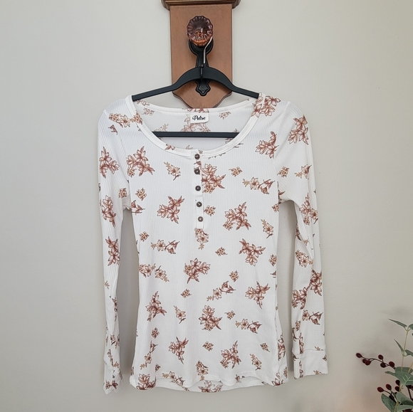 a new day Tops - A New Day White Ribbed Henley Top with Brown Floral Print